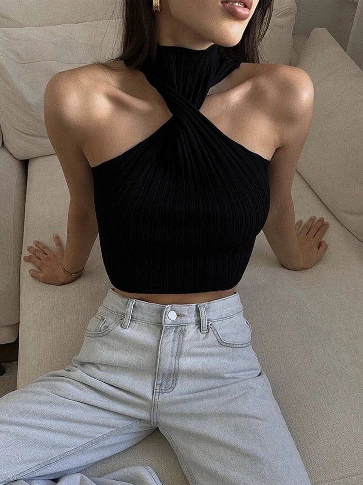 DEAT Fashion Women\'s Knitted Tank Tops Turtleneck Sleeveless Front Cross Midriff-baring Pit Slim Camis Summer 2024 New 7AB4426