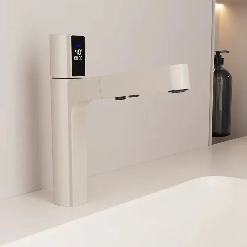 Copper Digital Display Basin Faucet Milk White Gun Gray Hot and Cold Pull Out Tap for Household Bathroom Wash Basin