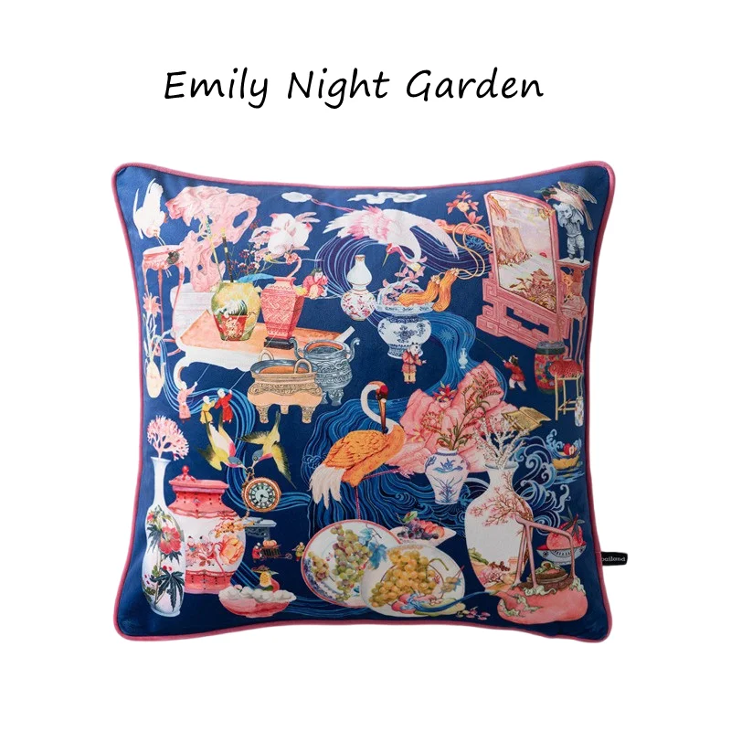 Chinese Vintage Antique Vase Crane Print Velvet Throw Pillow Cover Luxury Dark Blue Square Decorative Cushion Cover for Sofa Bed