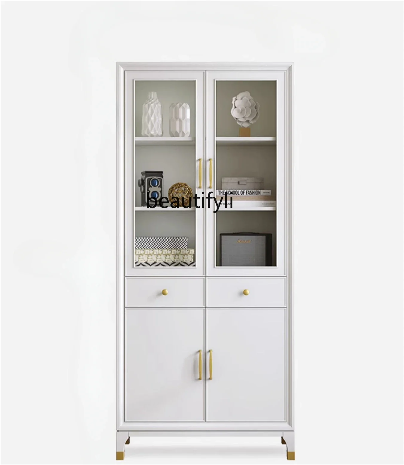 

American light luxury two-door bookcase with glass door, against the wall solid wood study furniture set combination