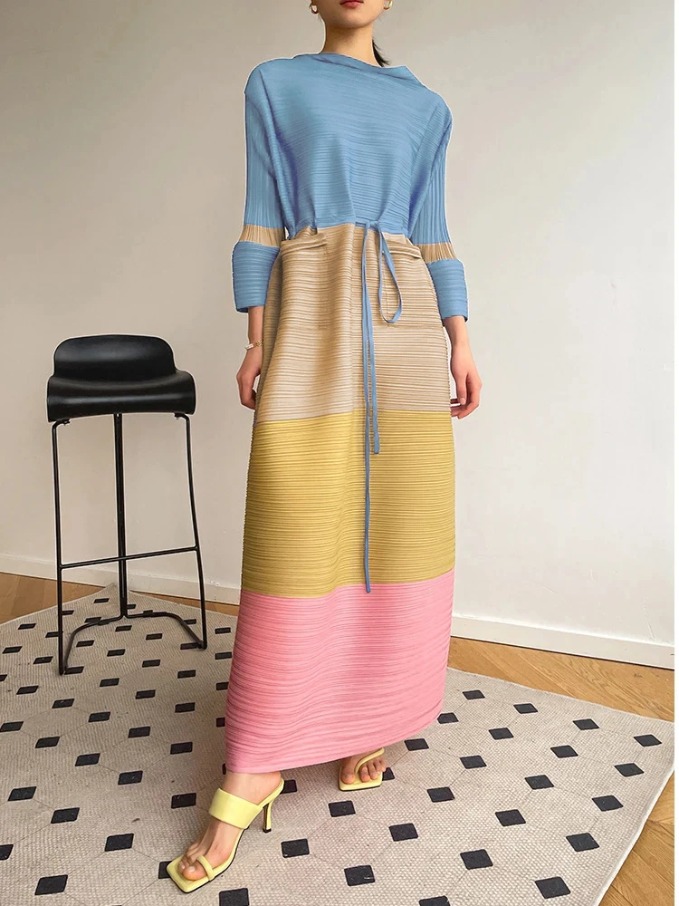 Miyake Pleated Color-blocking Flared Sleeve Dress with Belt Women 2024 Spring Summer Fashion Loose Plus Size Sexy Long Dress
