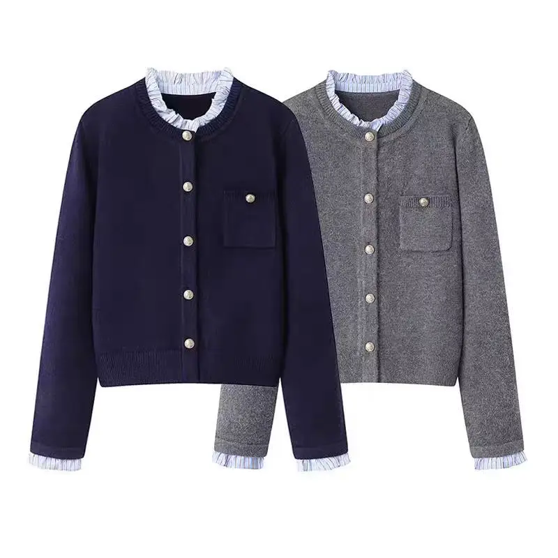 

FL, весна 2026, новый цветной вязаный свитер Blo, женский длинный открытый кардиган с воротником-стойкой, искусственная двухсекционная деревянная отделка