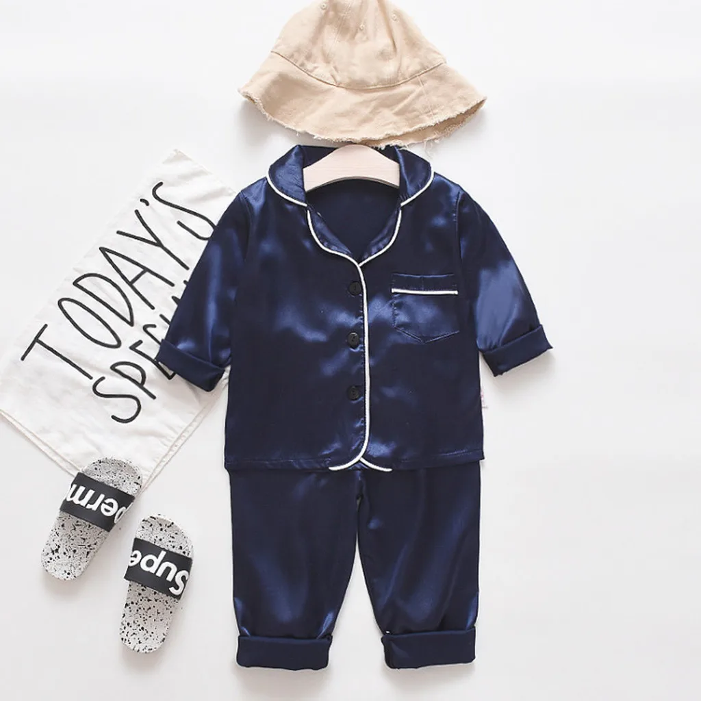 

2pcs Baby Boys Girls Pajamas Kids Faux Satin Top Pant Short Sleeve Solid Button-Down Pyjamas Home Set Nightgown Child Sleepwear