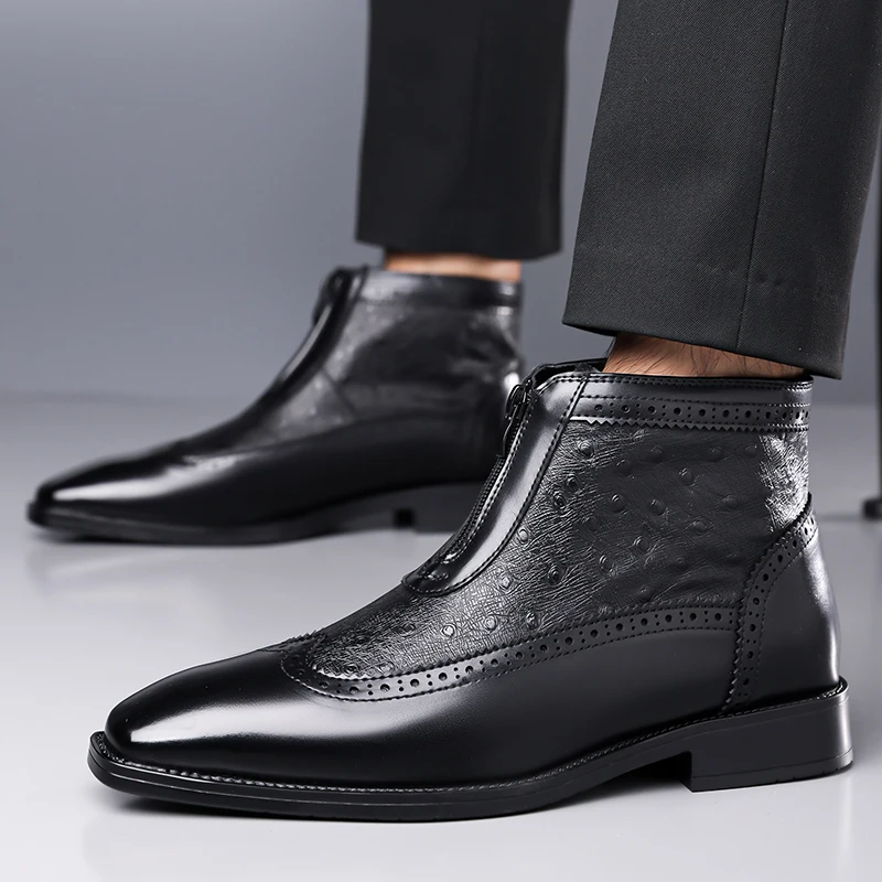 

Autumn Fashion New Men's Pointed Business Casual Leather Boots Luxury Brand Men's Carved Comfortable Side Zipper Chelsea Boots
