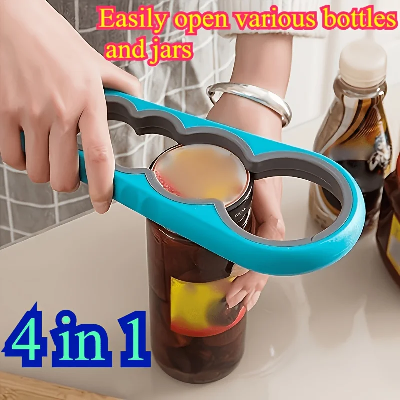 Four-in-one multi-function can opener——Ergonomically designed handle with a non-slip grip，It can be used to open bottle caps。Col