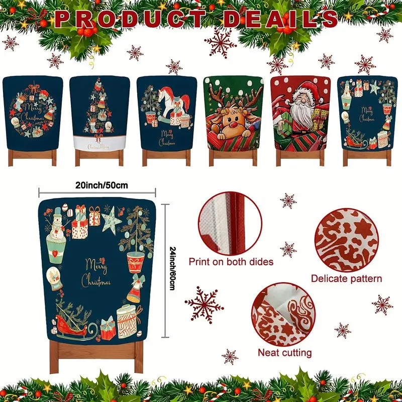 VIKAMA Christmas Chair Back Cover Santa Reindeer Gift Box Print Washable For Dining Room Kitchen Christmas Party Decor
