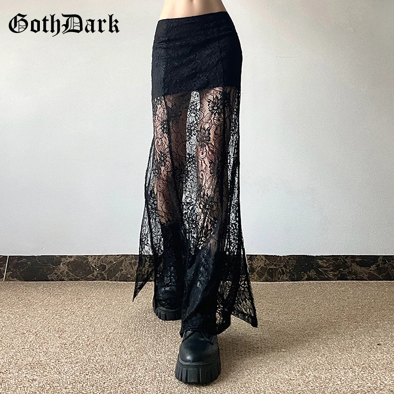 

Goth Dark Lace Patchwork Long Skirt Mall Gothic Coquette High Waist Bodycon Skirts Sexy Sheer Hem Split Bottoms Elegant Techwear