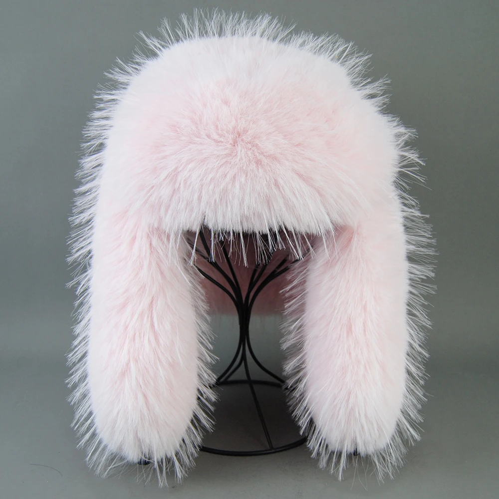 Fashion Fluffy Popular Russian Female Round Cap Faux Fur Hats Winter Hats For Women Faux Raccoon Fur Beanies Faxu Fox Bomber Hat