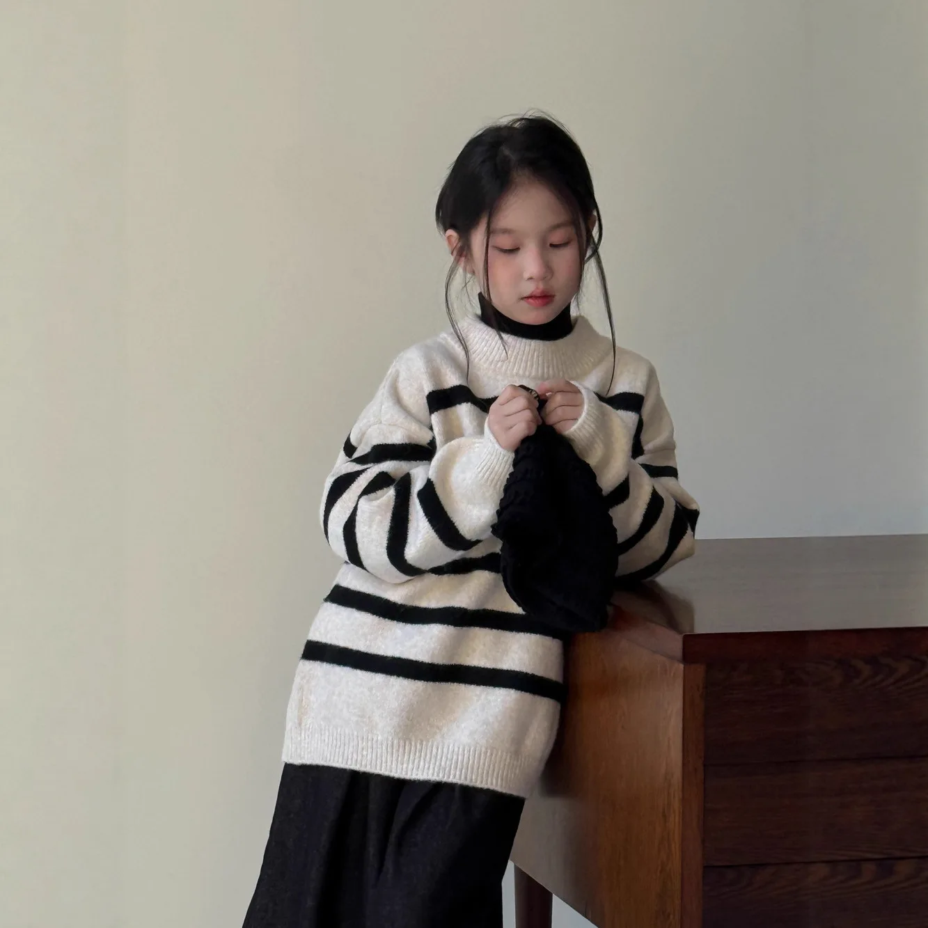 Kids Sweater 2025 Autumn and Winter Korean Style Baby Girl Loose Thickened Striped Top Children's Round Neck Pullover Sweater