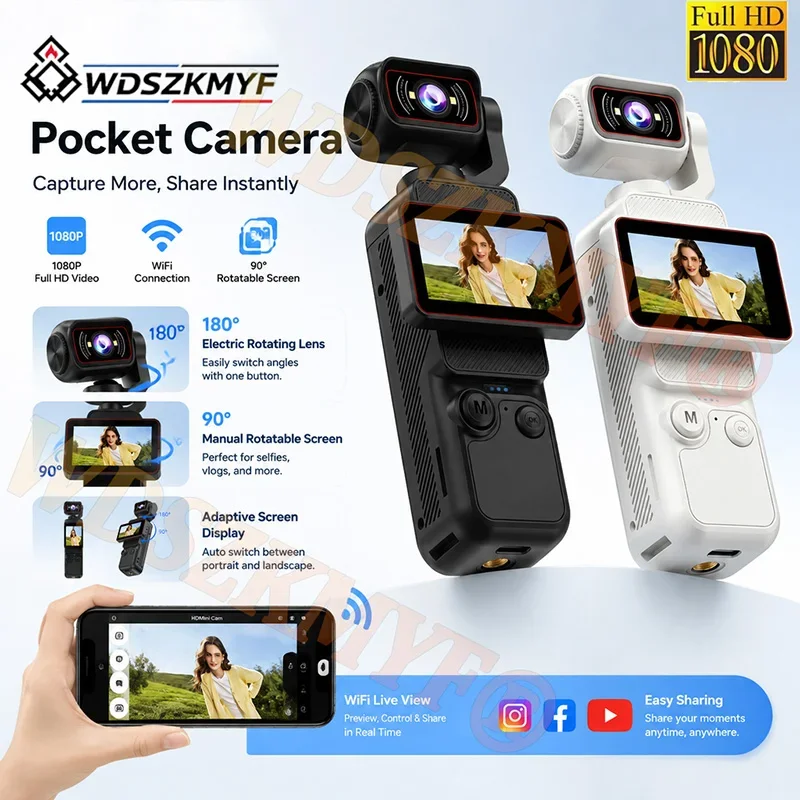 Fotocamera tascabile con obiettivo rotante a 180 gradi, videocamera per vlogging 1080P, fotocamera portatile con schermo ribaltabile a 90 gradi, regis