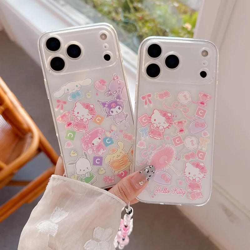 

sweet Cute Pink Cartoon Cinnamoroll Kuromi My Melody Hello Kitty Case For iPhone 15 14 13 12 16 17 Pro Max Plus Soft TPU Cover﻿