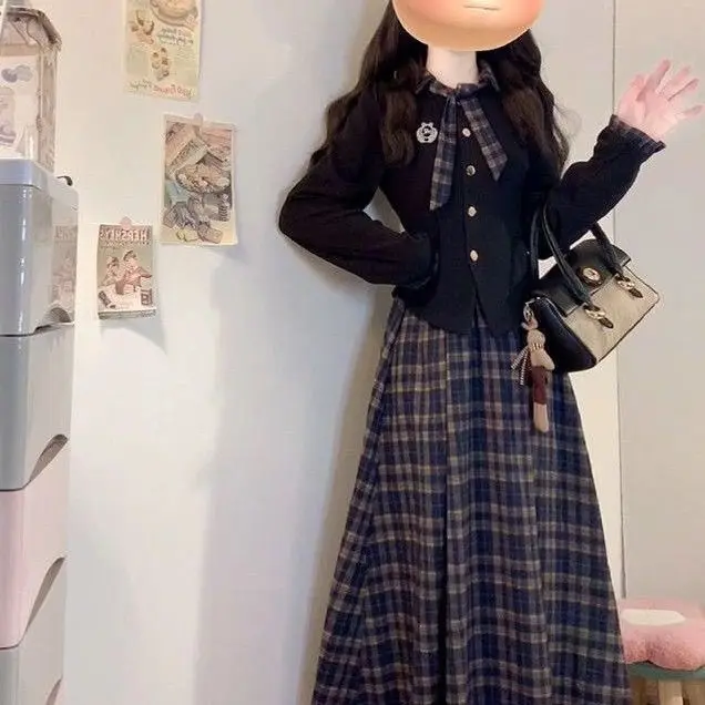 MAGOGO Korean College Style Navy Blue Long Sleeve Tops Blue Woolen Plaid Skirt Sweet Vintage Long Skirt Two-piece Sets