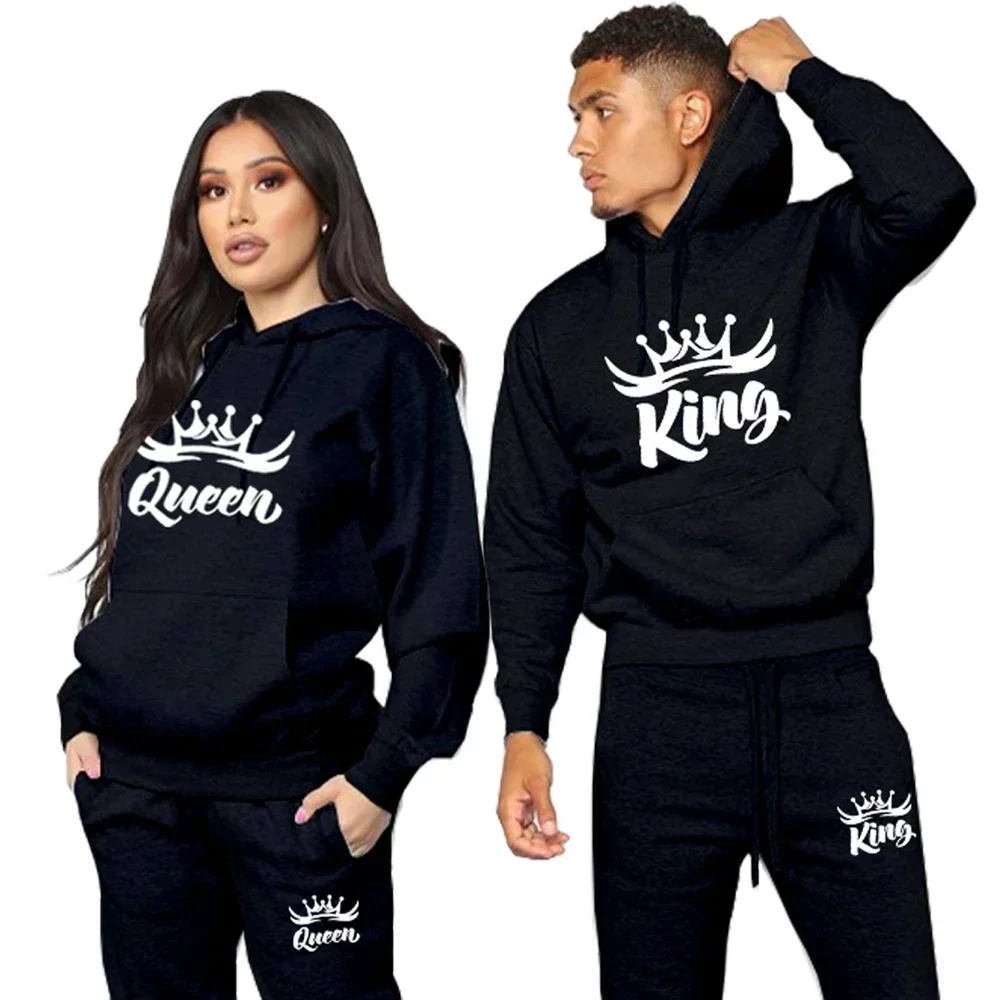 

2024 KING QUEEN Printed Lover Tracksuit Hoodie and Pants 2 Piece Hoodi Suits Couple Hoodies Sportwear Set Mens Lover Clothes