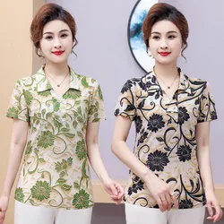 New Summer Middle-Aged Women Short Sleeve Slim lapel lapel Tops Female printing Fashion Shirt