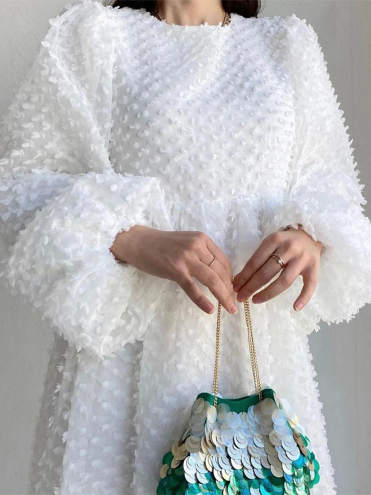 뉴 패션 라지 스윙 드레스 블랙 여성용 단색 라운드 넥 랜턴 슬리브 롱 크로스보더 드레스