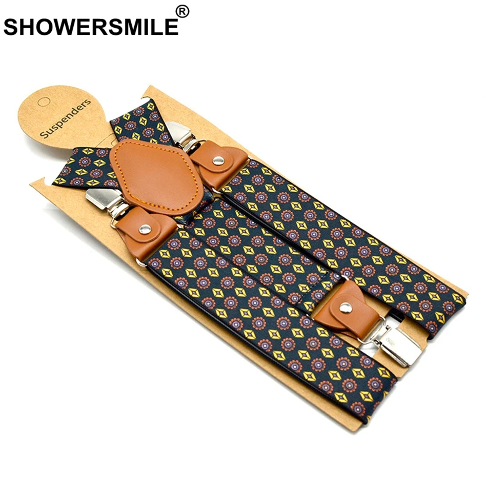 Showersmile-calças suspensas masculinas, modelo preto, ajustável, alças com 3 grampos, proteção contra o sol, flor, para homens