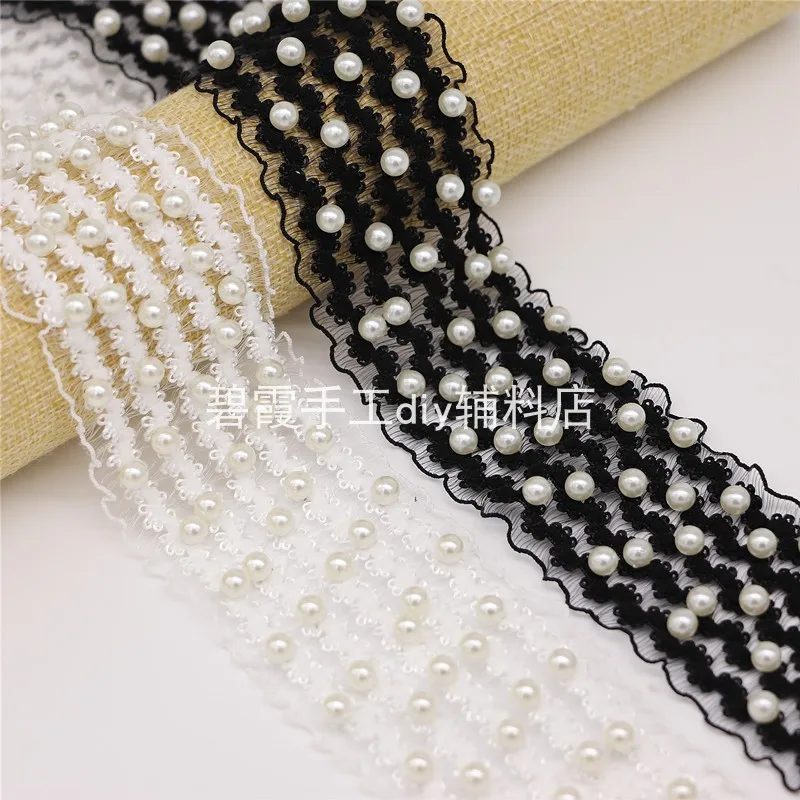 10Yards 5cm Wide Hollow Stretch Beaded Lace Diy Bow Hair Accessories Clothing Edge Belt Decorative Accessories Pearl Side Belt