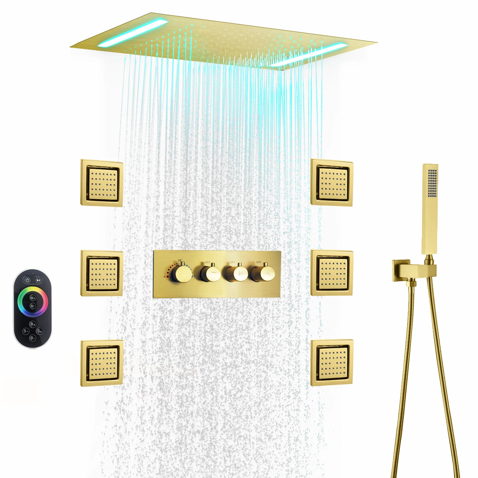 Ceiling luxurious Brushed Gold LED Shower Head 20*14 -inch Bathroom Thermostatic Shower set With Massage Body jets