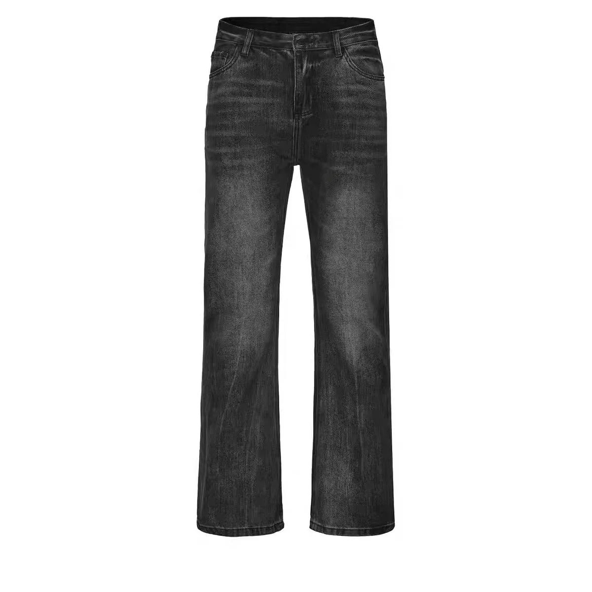 Heavy Duty Washed Wave Pattern Floral Embroidery Black Grey Lightning Denim Jeans Straight Leg Bell Bottoms Casual mid Waist ...