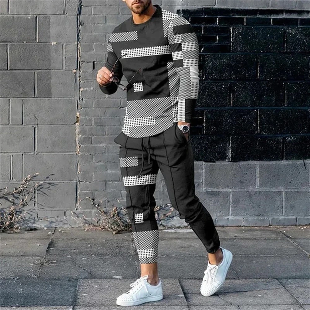 Tracksuit 2 Piece Set Men Oversized Striped Jogging Suit 3D Long Sleeved Sweatshirt T Shirt Trousers Outfit Casual Streetwear