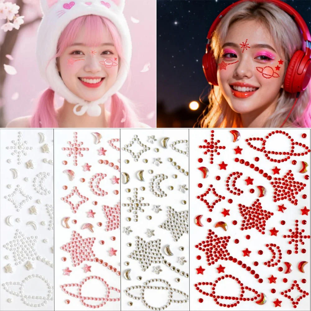4sheet Planet Stars Face Gems Stickers Galaxy Series Hollow Cross Star Moon Shape Rhinestones for Girls Make up Face Decorations