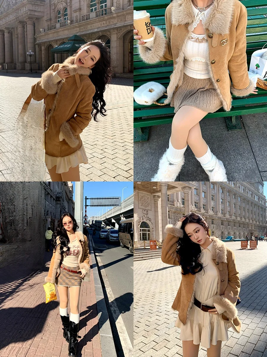 

Cherry Meat Small Caramel Rum Thiened Two-Way Wearable Suede Jaet Waist-Cinching Eco-Friendly Women's ort Outerwear