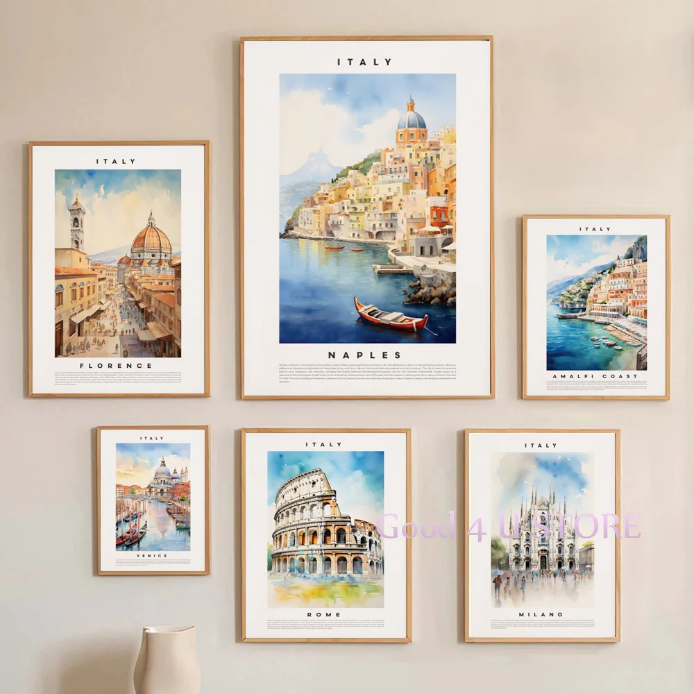 Watercolor Italy Travel Touristic City Milano Florence Venice Rome Poster Canvas Painting Wall Art Pictures Home Decor Gift