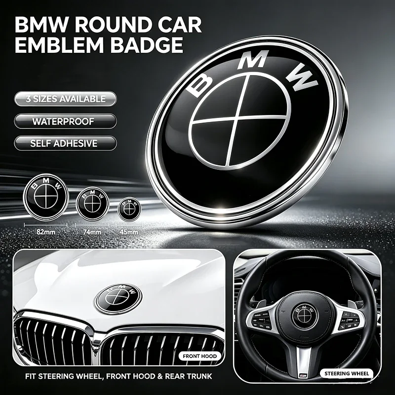 BMW Black Cross Round Car Badge Steering Wheel Front Rear Emblem for G20 G21 G31 E39 E46 E90 E60 F20 F34 X1 X3 X5 X7 Valve Caps