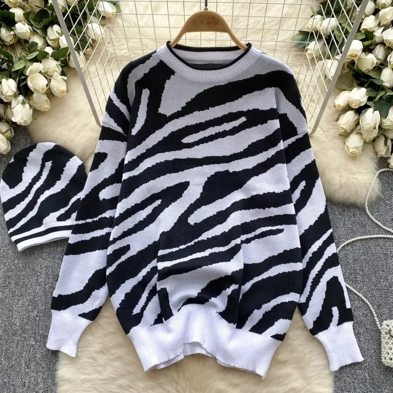 Neploe 2024 Autumn Winter O-Neck Knitted Pullover Femme Korean Vintage Zebra Pattern Slimming Versatile Long Sleeve Sweater