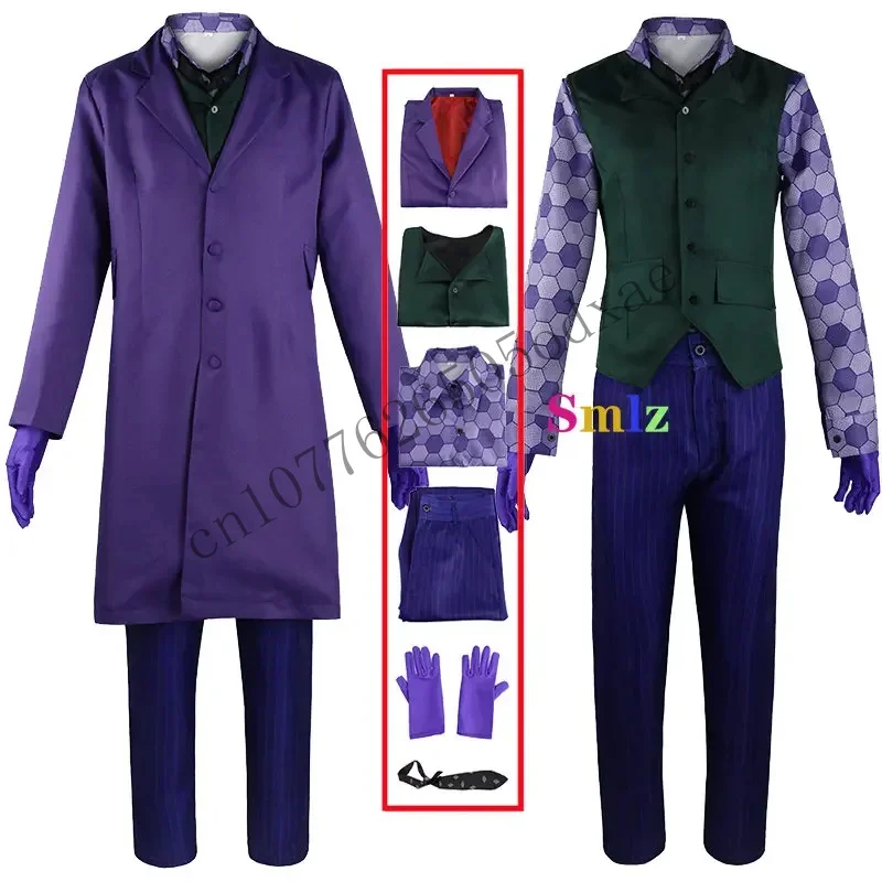 Heath Ledger Vestito Cosplay Uomini di Halloween Film Cavaliere Joker Costume Giacca viola Trench Gilet Pantaloni Set completo CMM1401