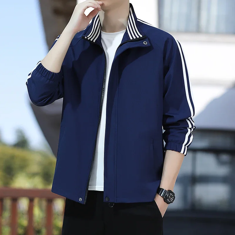 

Striped Sleeve Jackets for Mens Stand Collar Sport Elegant Fashion Zip-up Jackets Man Daily Motion Casual Coat