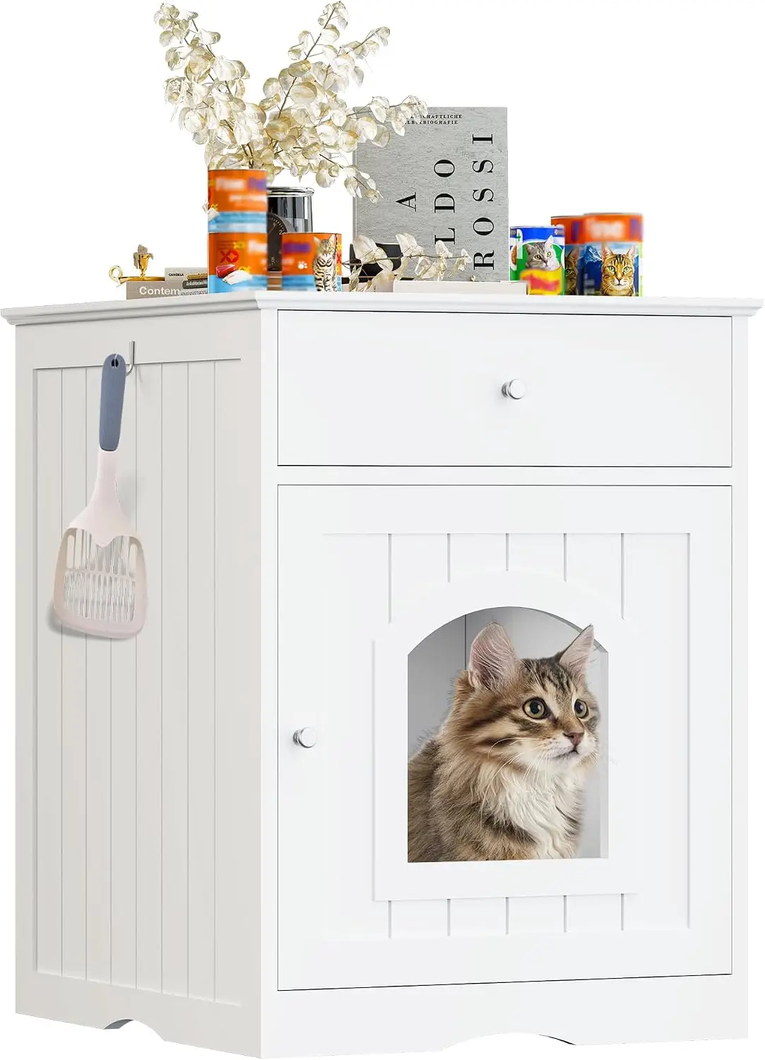 Hidden Cat Litter Box Enclosure Wooden Pet Crate Litter Box Furniture Cat House End Table Drawer Fit Most White