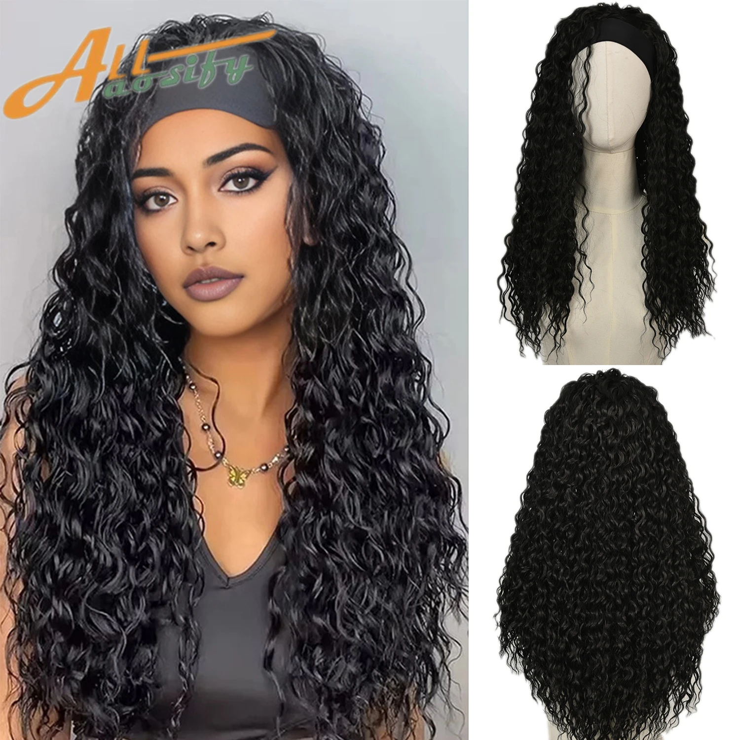 

28inch Synthetic black silk scarf small curly wig women's curly hair no bangs long curly hair heat-resistant headgear wig