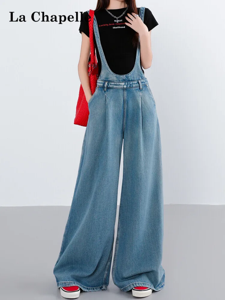 

High Waist Wide Leg Denim Overalls Women's Spring Autumn New Sle Vintage Loose Straight Floor-Length Pants