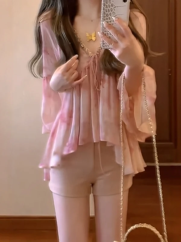 Ele V-ne Long Sve Women's irt Summer Beautiful Holiday Sle Pink irt Casual Breathable Comfortable Chinese Brand
