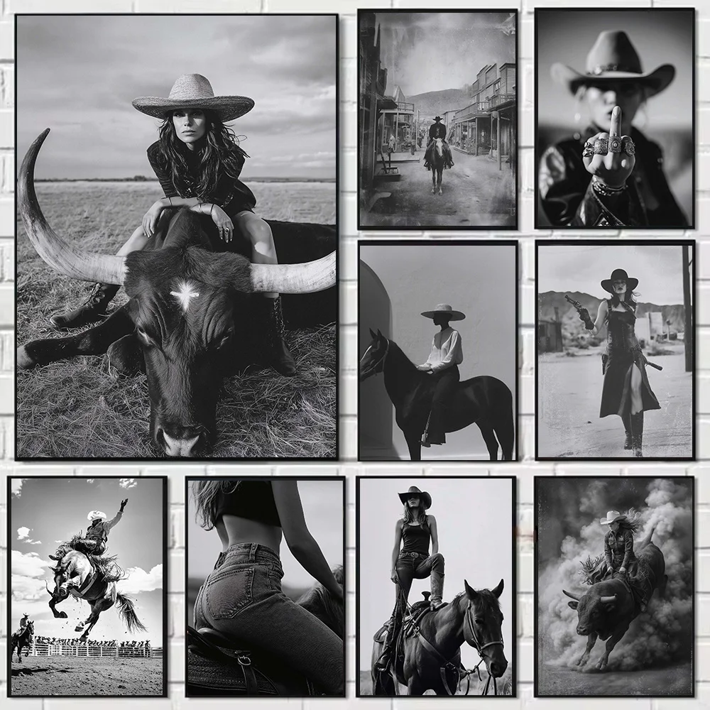 Cowgirl Western Wall Art Longhorn Wall Art Western Decor Badass Woman Monochrome Ranch Canvas Painting Home Decor