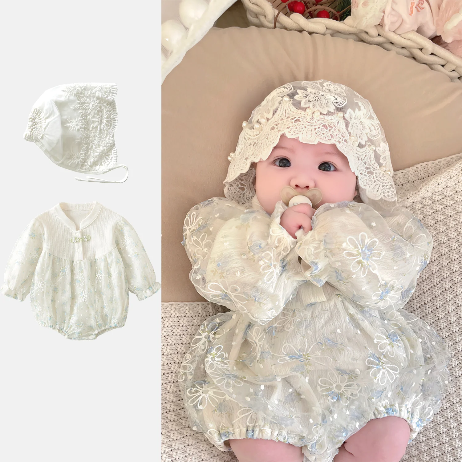 Baby Girls Romper and Hat Lace Dress Spring Autumn Toddler Jumpsuit Chinese Wind Clothes Long Sleeve Infant Clothes