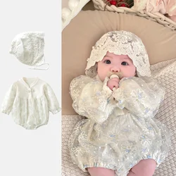 Baby Girls Romper and Hat Lace Dress Spring Autumn Toddler Jumpsuit Chinese Wind Clothes Long Sleeve Infant Clothes