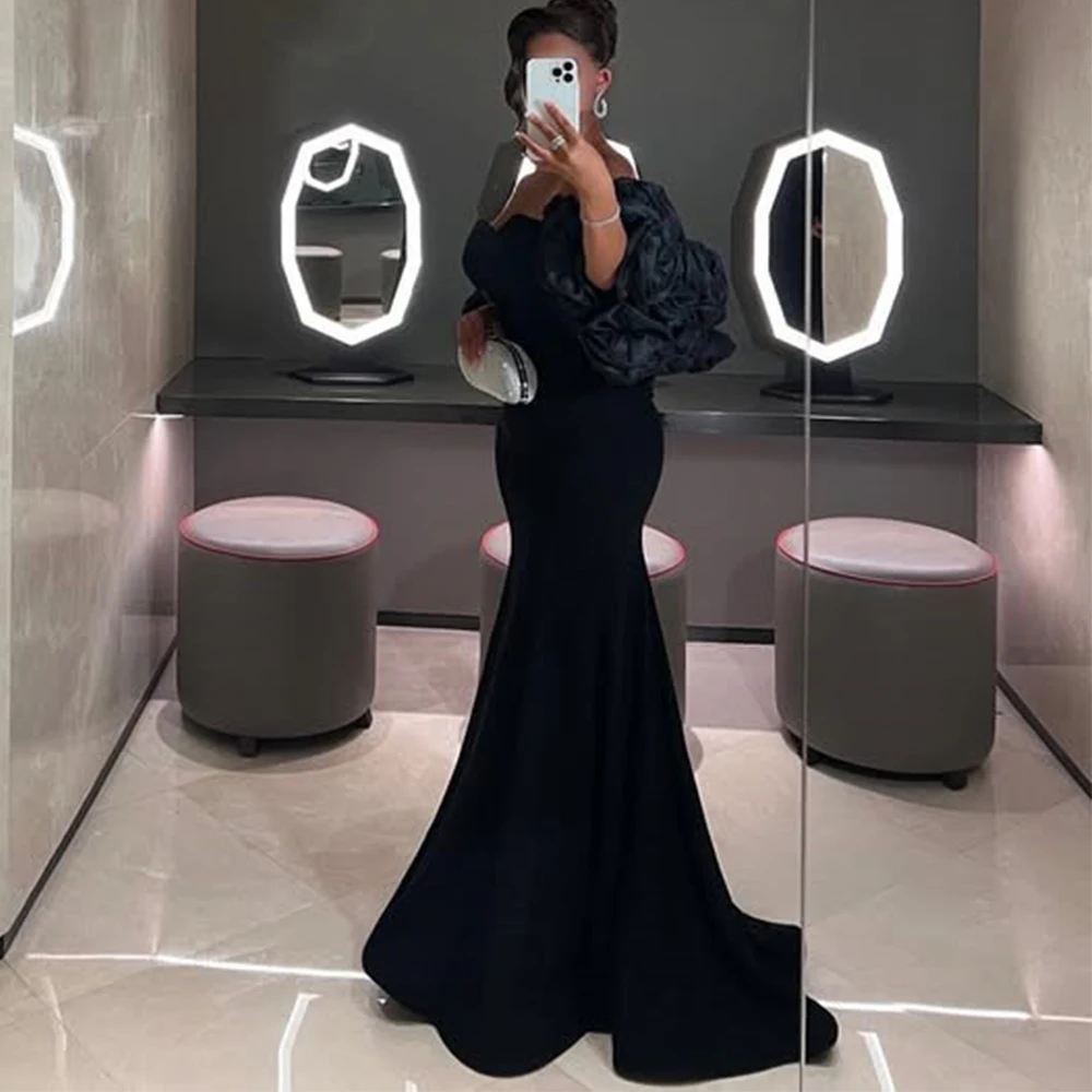 Arya Jersey Black Mermaid Evening Dress Strapless Floor Length with Flower Jacket Customized Women Occasion فساتين سهرات