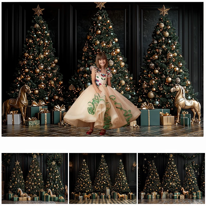

LS Photography Background Christmas Indoor Black Wall Gifts Xmas Tree Kids Family Portrait Decor Backdrop Photo Studio