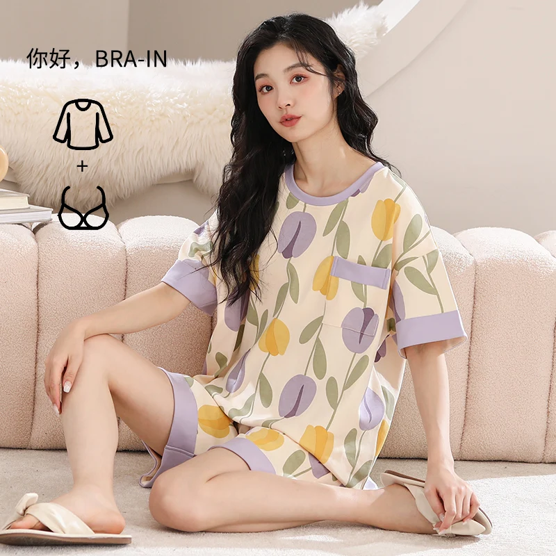 Summer Knitted Cotton Cartoon Rabbit Print Sleepwear Pajama Sets for Girl Short Suits Pajamas with Bra Padded Homewear