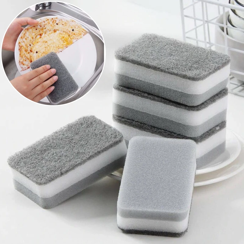 5 Pcs Home Double-sided Sponge Wipe Gray Dirt-resistant Scouring Pad Kitchen Stain Sponge Wipe Professional Cleaning Supplies