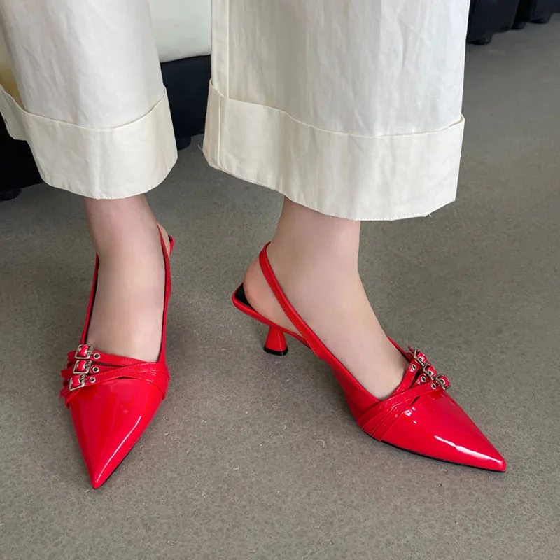 Big Size Female Pointed Toe Footwear Red Pumps Medium Heels Shoes For Women New In 2024 Fashion Metal Buckle Ladies Heels Shoes