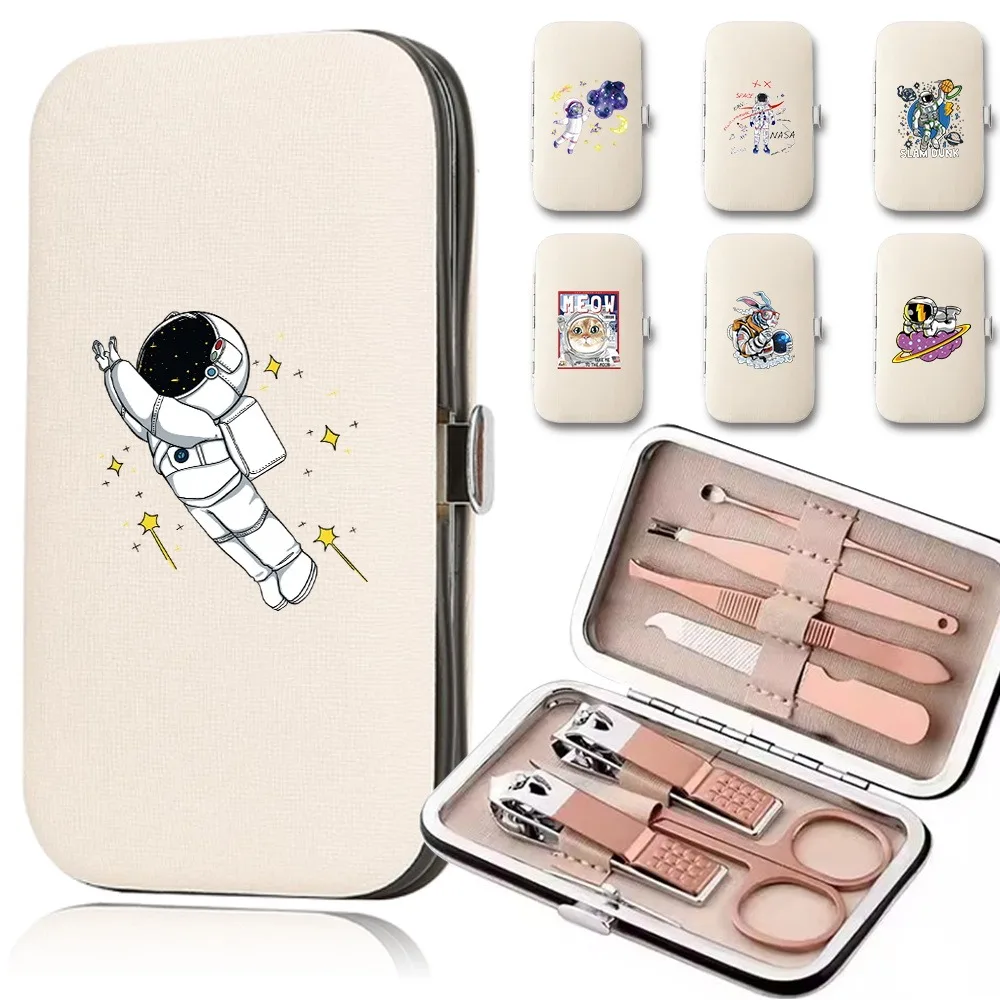 

7pcs Professional Nail Clip Set Stainless Steel Manicuring Care Set Household Trimming Tools With Storage Box Astronaut Pattern