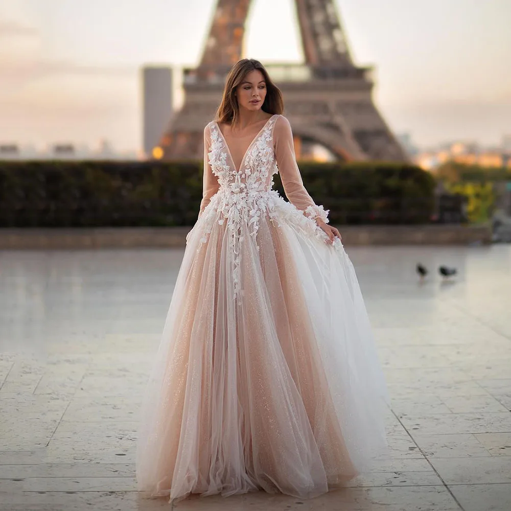 

SoDigne 2023 New Rose Pink Wedding Dresses Long Sleeves Sexy Deep V Neck Bridal Dress Glitter Tulle 3D Flower Lace Bride Gowns