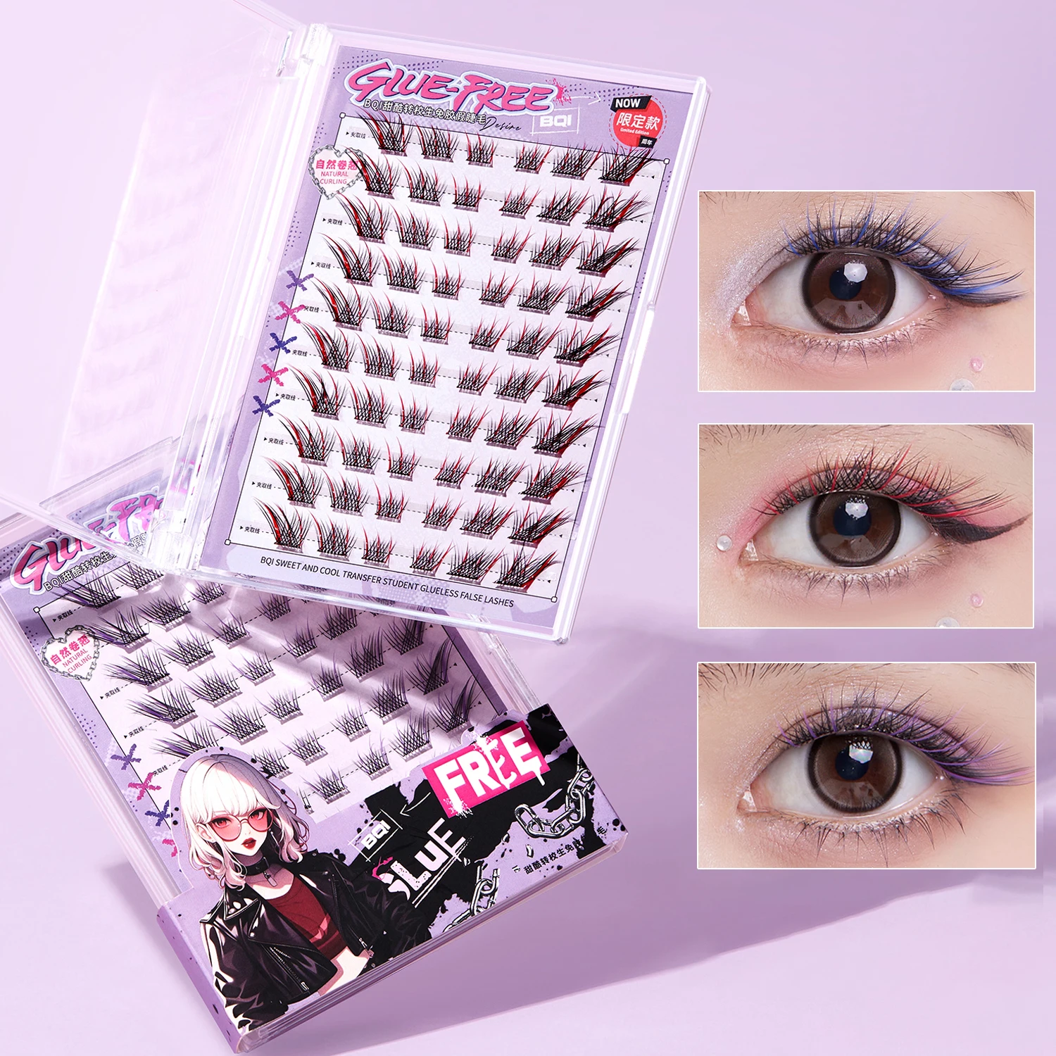 BQI Kleberfreie, schräge, fliegende falsche Wimpern, großes Fassungsvermögen, selbstklebende, farbige Oberwimpern, einfach zu tragen für Cosplay-Partys