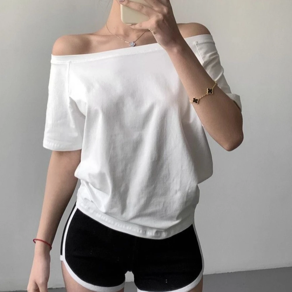 One Shoulder Loose Short Sleeve T-shirt Women Off Shoulder Design Spring Summer Sexy Preppy Style Basic Tops Streetwear