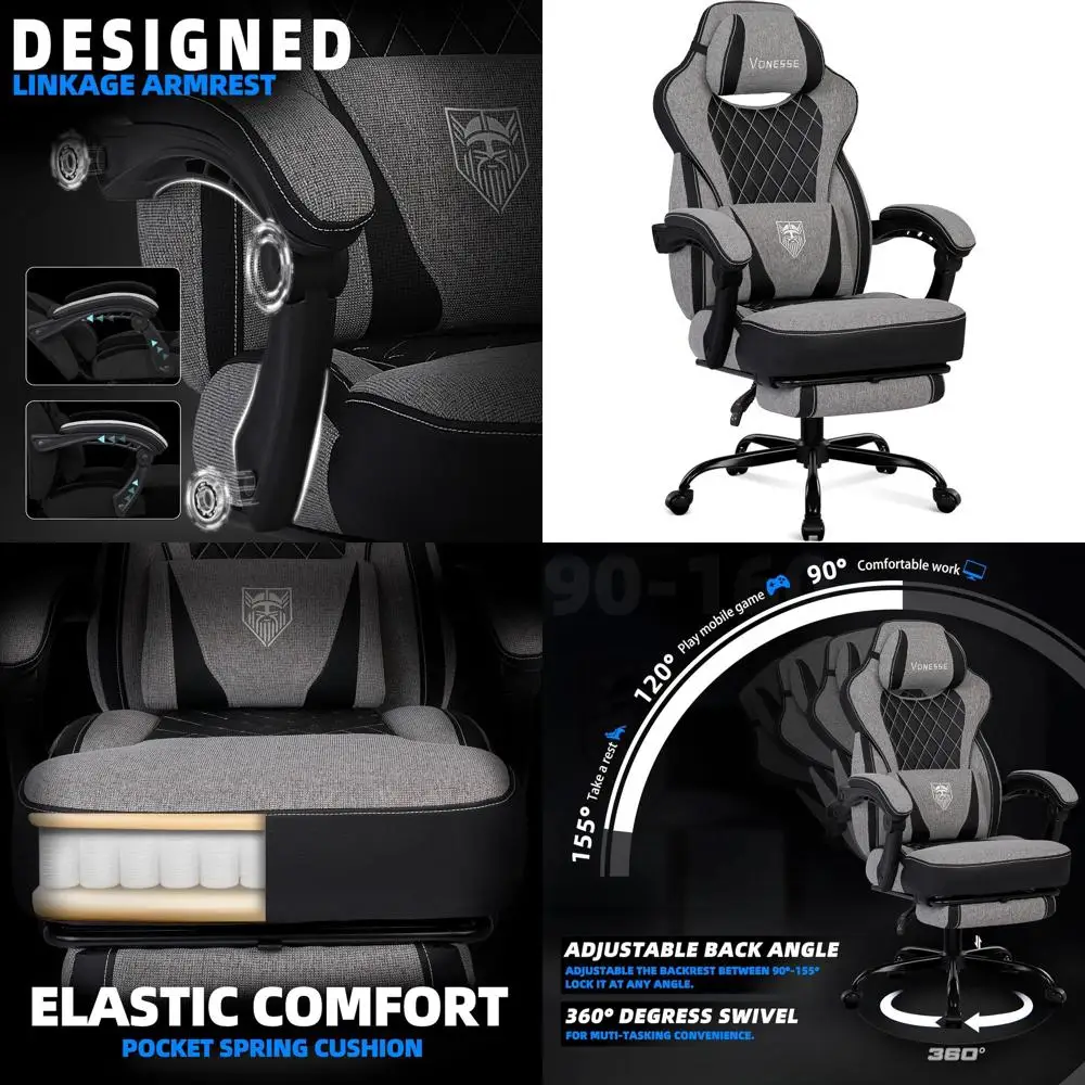 

Эргономичное игровое кресло-реклайнер из ткани для взрослых до 113 кг с мягким сиденьем, подставкой для ног и массажной поясничной поддержкой, серое