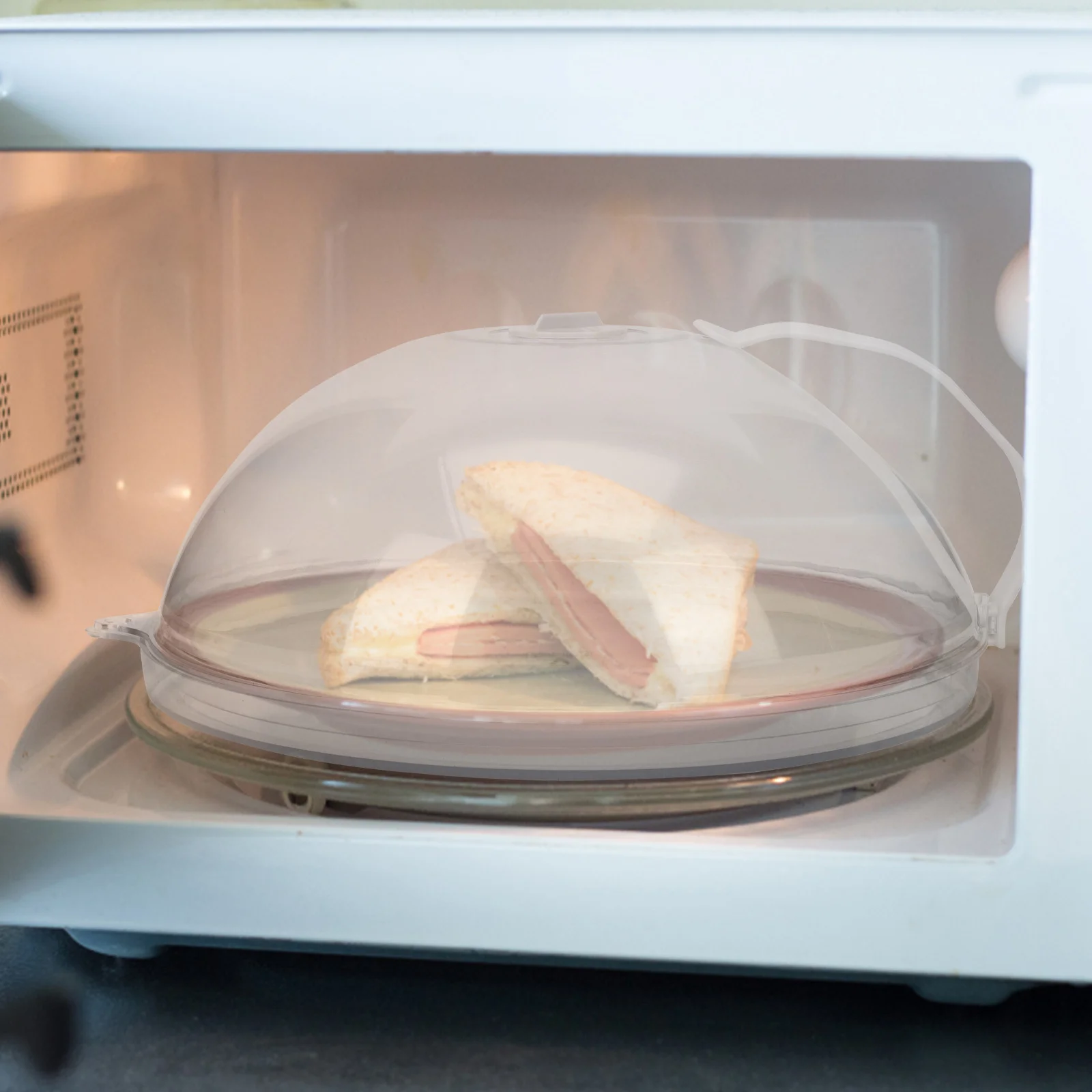 

1pc Splatter Guard Lid Transparent Food Cover Microwave Cover With Tray Heat Resistance 120℃ Anti-Scalding Handle For Heating