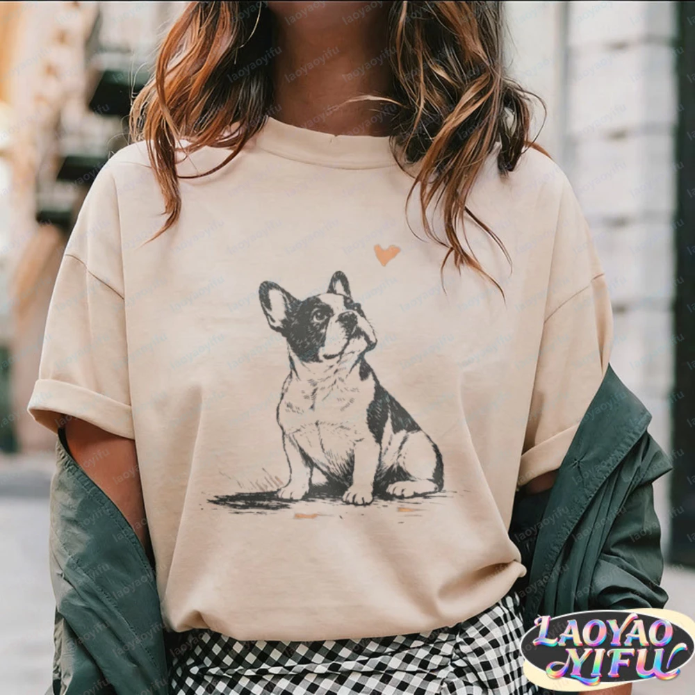 Bulldog Art Unisex Cotton Tee Minimalist French Bulldog with Heart Statement T-Shirt Casual Streetwear Summer Clothes for Women